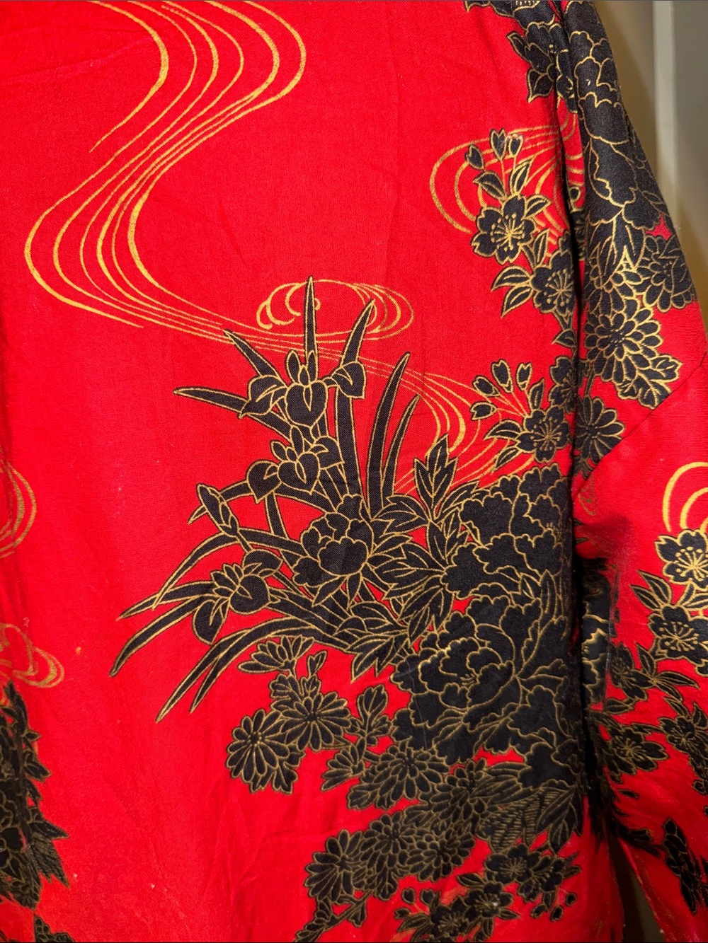 Red Kimono Robe Black Floral Gold Detail Authentic Japanese Adult One Size - Picture 5 of 11